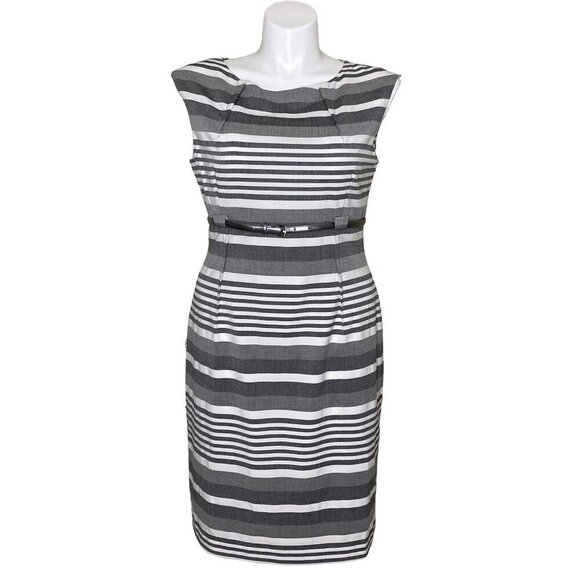 Calvin Klein Striped Belted Sheath Dress Gray White Empire Waist Women's Size 14 - Picture 1 of 10